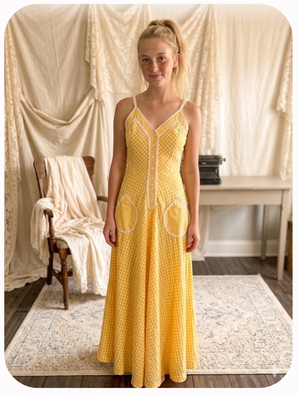 Vintage Yellow Gingham Retro Resort Wear Cottagecore Maxi Dress - Size XS
